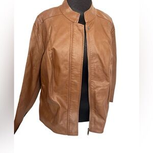 Kaari Blue Womens 1X Brown Faux Leather Biker Jacket Full Zip